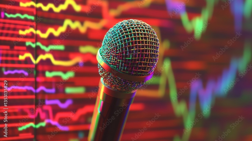 Poster a microphone capturing detailed sound energy patterns on an oscilloscope screen.