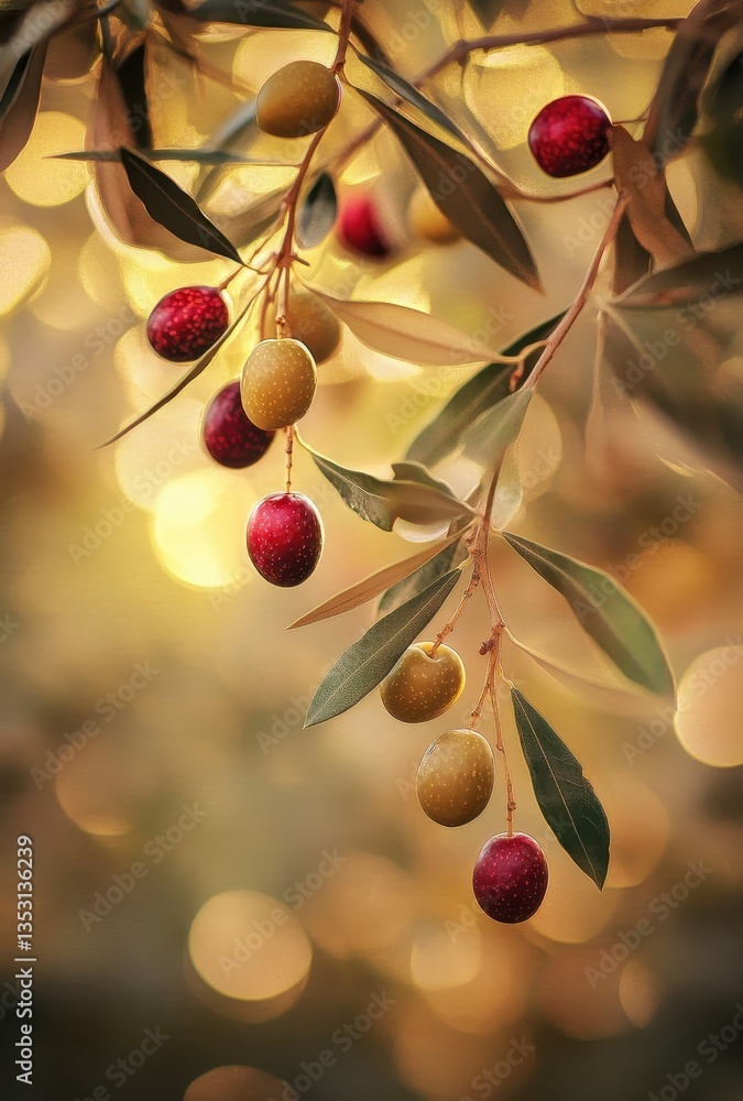 Poster vibrant olive branch with red and green olives against a soft golden background creating a warm and 