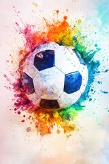 A colorful soccer ball bursts with vibrant and artistic splashes