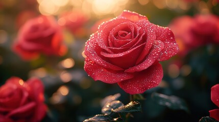 Dew-kissed red roses in garden at sunrise