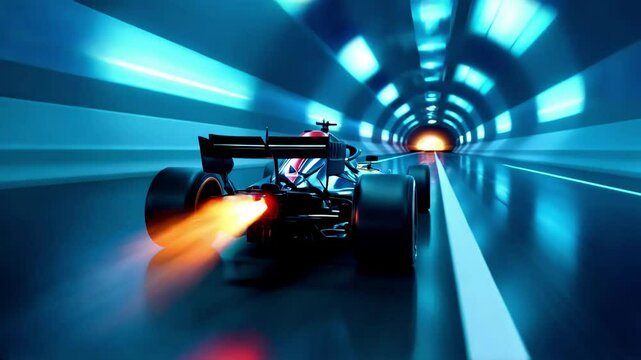 Futuristic Formula 1 race car speeding through neon-lit tunnel with flames &mdash; perfect for animation scenes, racing intros, high-speed motion graphics, esports visuals, and adrenaline content.