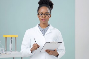 Confident scientist in lab coat holding clipboard and pen stands