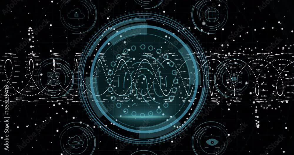 Poster digital network and data processing animation with futuristic circular interface