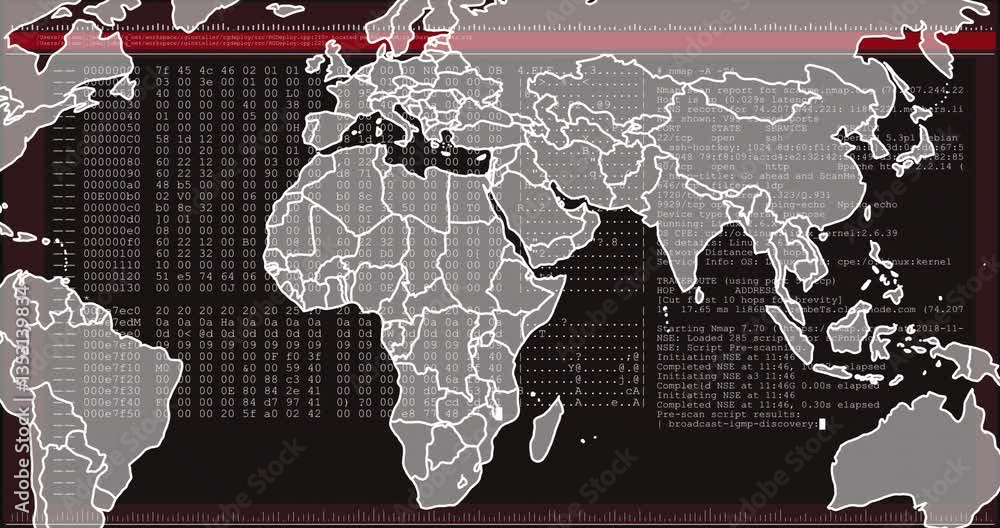 Poster animation of world map with binary code overlay, europe highlighted in red