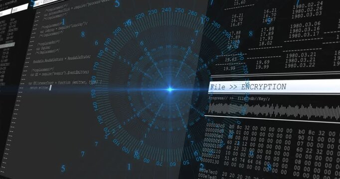 Animation of digital encryption process with data and numbers glowing centrally