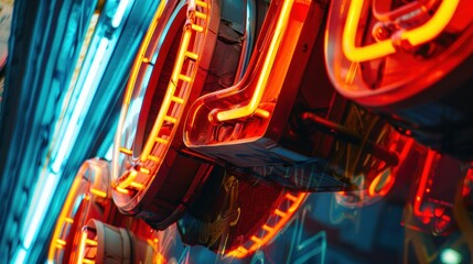 Close-up of vibrant neon lights in various colors at night.