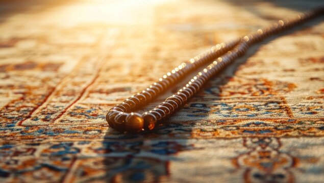 Prayer beads on prayer rug at sunrise