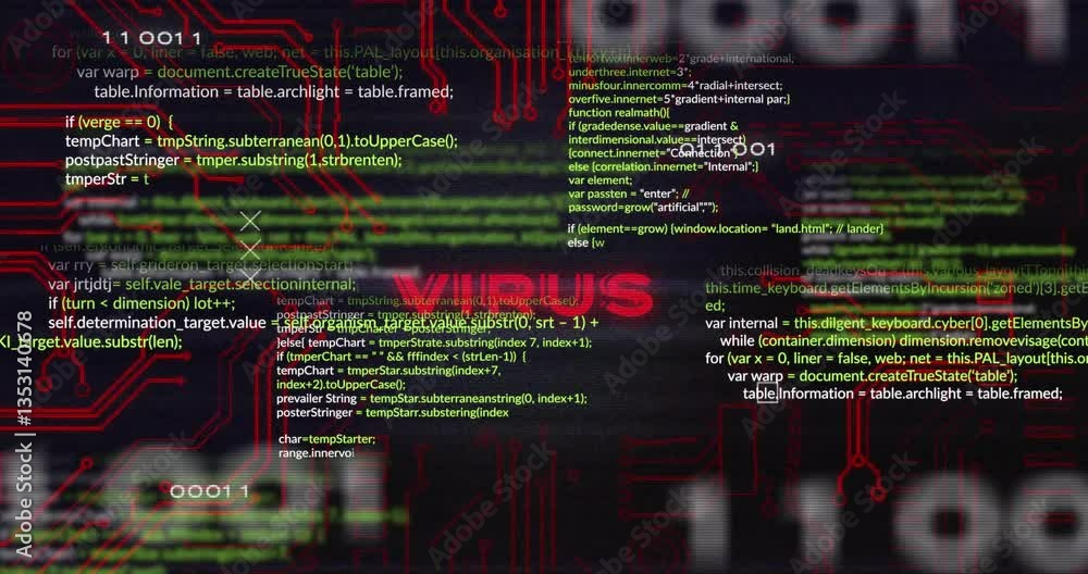 Poster animation of computer virus warning with code and circuitry overlay on screen