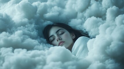 Woman sleeping in a cloud bed, dreamy ethereal scene