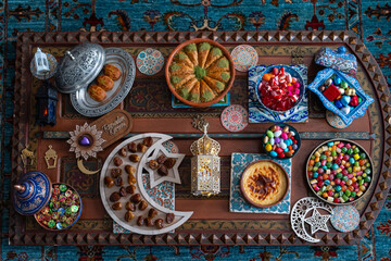 Ramadan Month Celebration Table. Muslim Family Having İftar At Home. Colorful Candies, Desserts and Chocolate, Ramadan Kareem Concept Photo, Uskudar Istanbul, Turkiye (Turkey)