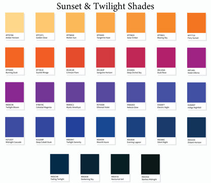 Color Swatches 32 Sunset and Twilight Shades - 3d Light, Orange, Pink, Blue to Dark Deep Tones - with HEX Codes and Names, Colour Palette, Scheme and Combinations