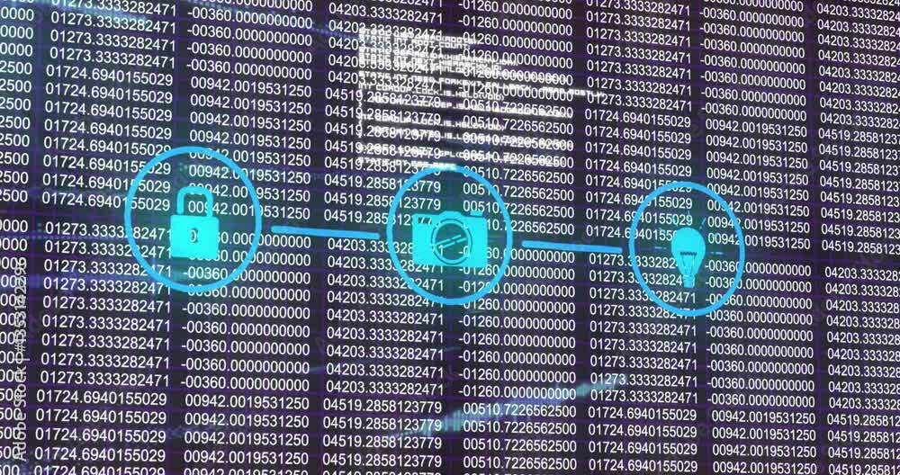 Poster binary code and data processing animation over digital network symbols
