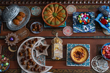 Muslim Family Having İftar At Home. Colorful Candies, Desserts and Chocolate, Ramadan Kareem Concept Photo, Uskudar Istanbul, Turkiye (Turkey)