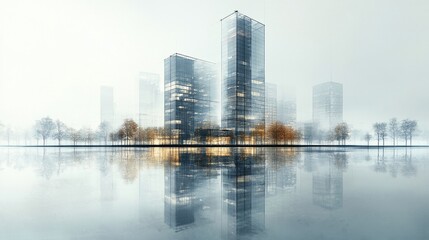 Obraz premium Modern Skyscrapers Waterfront Reflection Cityscape