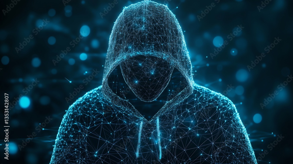 Poster abstract digital hacker concept: hooded figure in front of computer, cyber attack illustration, 3d p