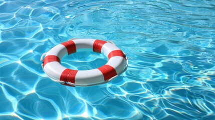 Naklejka premium Floating Life Preserver in Crystal Clear Pool Water on a Sunny Day