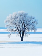 A singular large tree covered in frost stands in a snowy landscape
