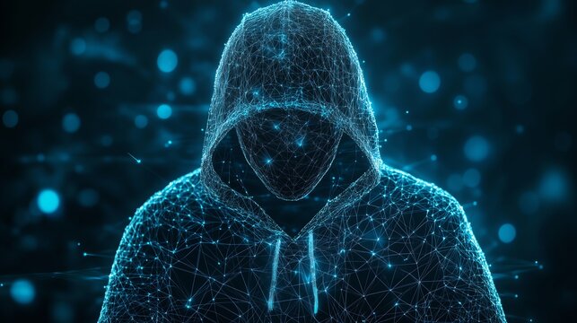 Abstract digital hacker concept: hooded figure in front of computer, cyber attack illustration, 3D polygonal wireframe, minimalism, copy space