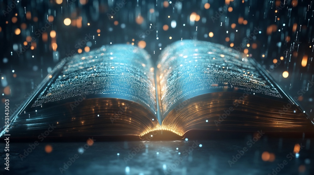 Poster illuminated book with digital data, symbolizing knowledge and technology