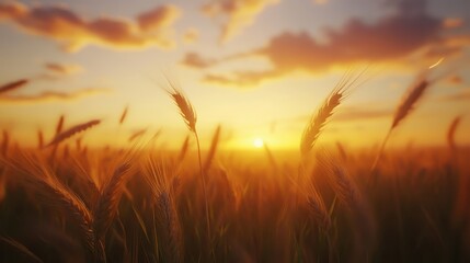 Naklejka premium Golden Hour Wheat Field Sunset Serenity.