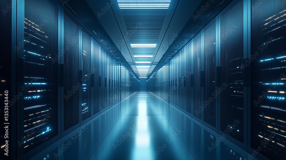 Poster modern dark data center server room background with minimalist design and focus on foreground, copy 