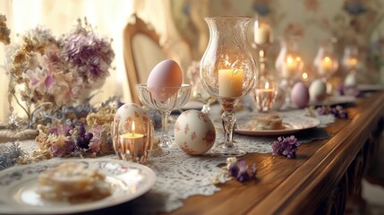 A table with a lace tablecloth and a variety of items including eggs, candles