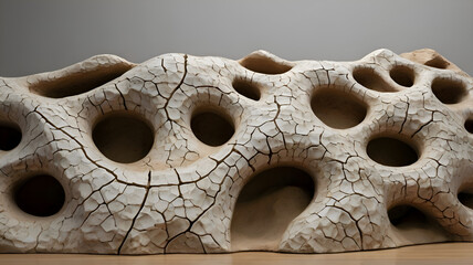 Organic sculptures with intricate crack patterns, symbolizing resilience and the passage of time in an art gallery setting