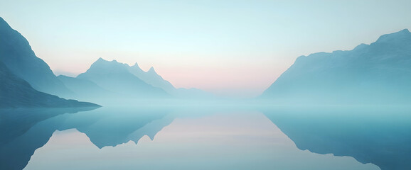 Misty mountain lake at dawn, calm water reflecting peaks, peaceful nature scene