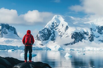 A person stands looking at snowy mountains and the ocean water