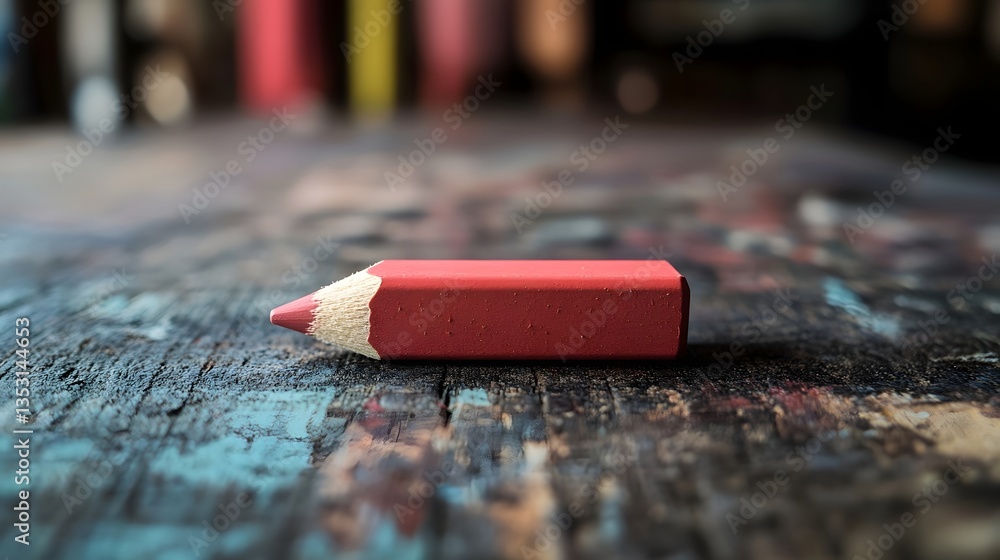 Poster close-up of a red pencil resting on a textured wooden surface with colorful blurred background