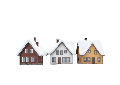 Minimalist Winter Village with Snowy Houses. Isolated on a Transparent Background