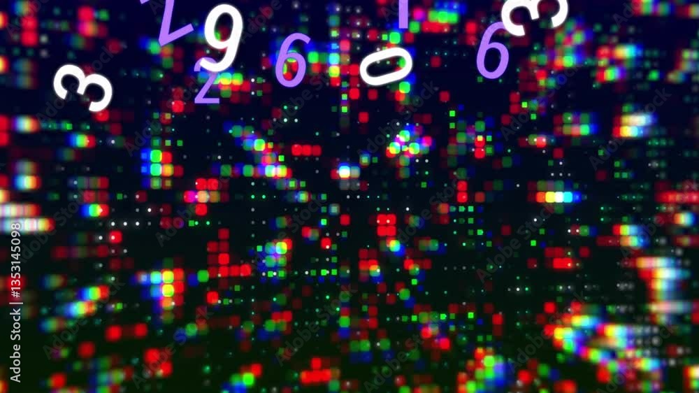 Poster animation with colorful digital numbers floating over vibrant pixelated background