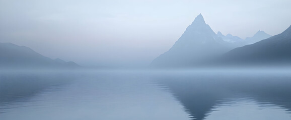 Misty mountain lake, serene landscape, calm waters, peaceful background, nature wallpaper