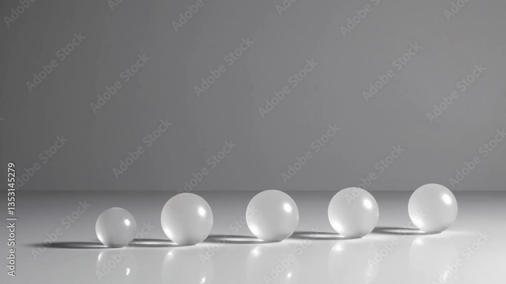 Poster falling white spheres: dynamic motion and shadows in minimalist space
