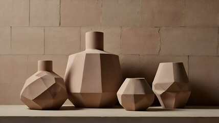 Geometric clay forms in soft, neutral tones stand precariously atop each other, casting subtle shadows against a textured wall