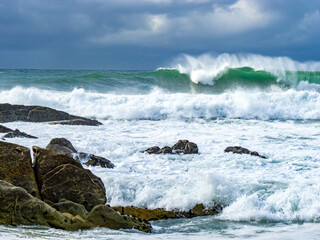 scenic beach at Esposende with waves in bad weather