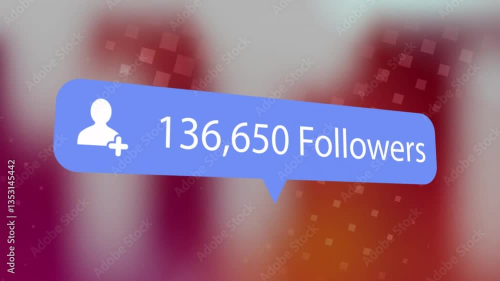 Poster social media follower count animation over colorful blurred background with squares