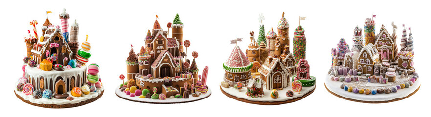 Naklejka premium Colorful Gingerbread Houses Decorated with Sweets and Treats, PNG bundle collection, Isolated on Transparent Background