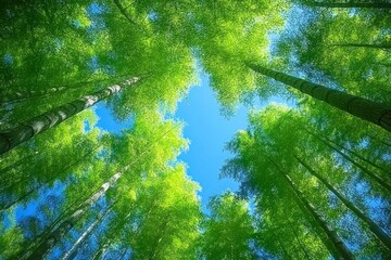 Fototapeta premium Looking up at tall trees and a clear blue sky