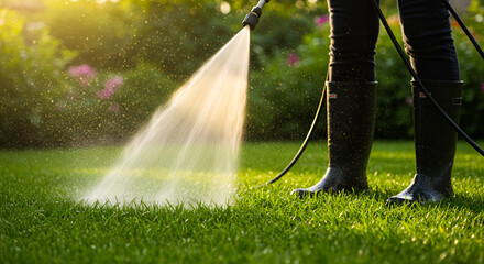 A gardener in rubber boots tends to a vibrant green lawn using a pressure washer, with sunlight turning the water spray into a beautiful misty glow
