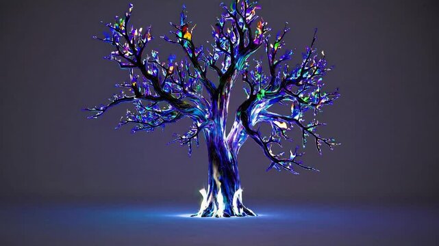 Colorful illuminated tree with dynamic lighting transitions across three phases