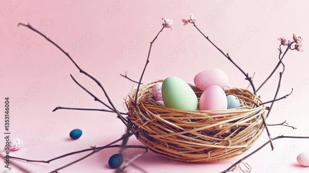 Poster a nest with eggs in it and some branches