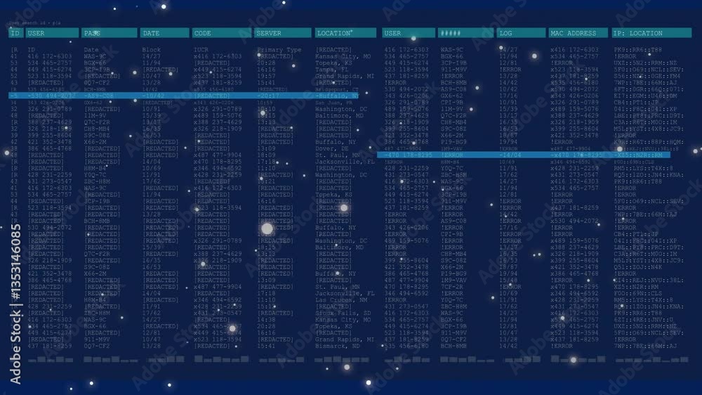 Poster animation of digital data table with glowing particles over blue background