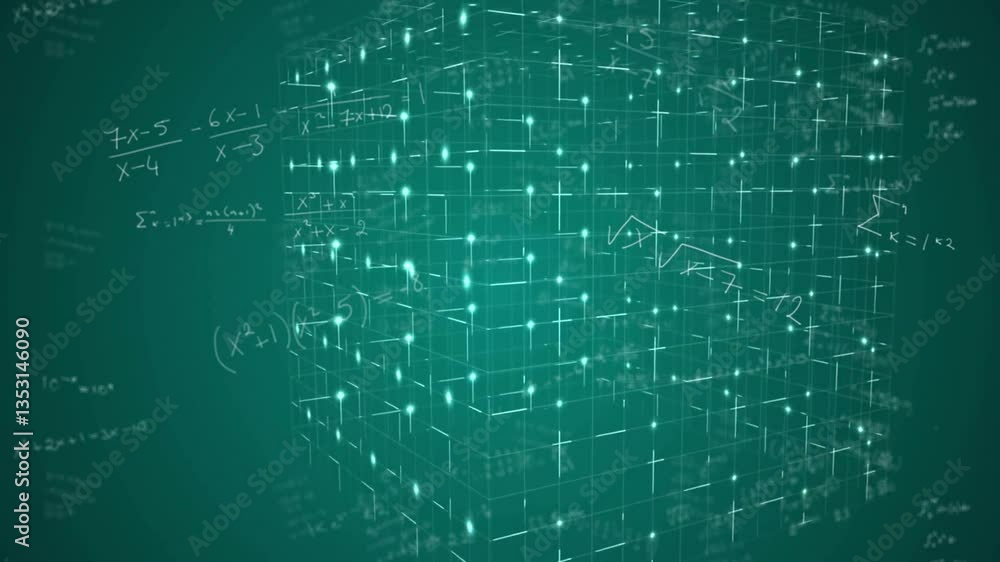 Poster animation of glowing digital cube with mathematical equations on green background