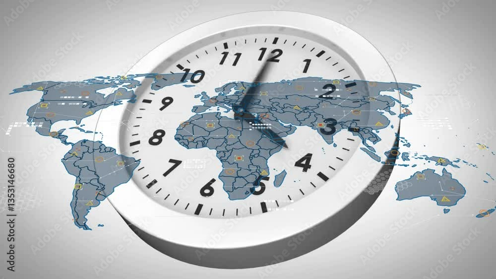 Poster animation of clock face with world map showing global time zones