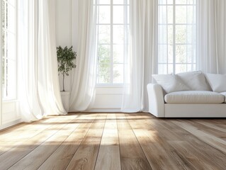 Bright and airy interior featuring white curtains and wooden floors