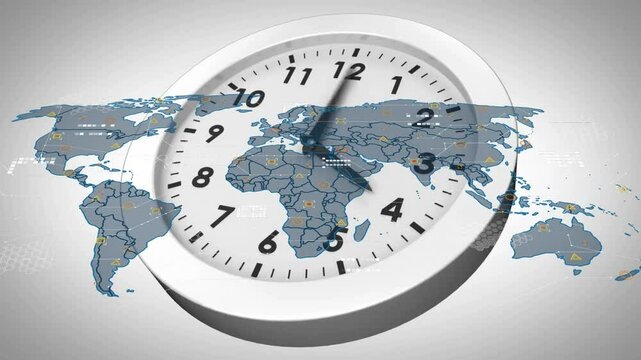 Animation of clock face with world map showing global time zones