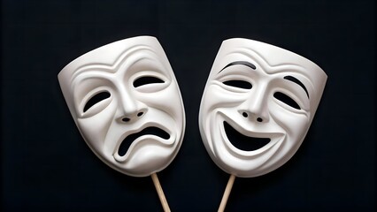Contrasting emotional expressions of happiness and sadness illustrated by white theater masks, representing the iconic comedy and tragedy motifs in dramatic arts