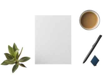 Modern Office Desk Setup with Coffee and Notebook. Isolated on a Transparent Background
