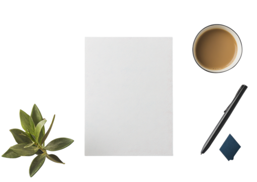 Modern Office Desk Setup with Coffee and Notebook. Isolated on a Transparent Background